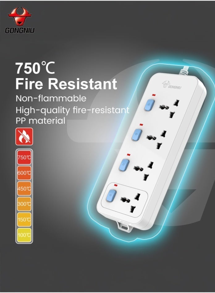 GONGNIU 4-Way Multi Plug Power Extension Cord 3M with 4 Universal Sockets, Individual Switches, Hanging Holes, Power Strip Extension Lead for Home & Office - Image 5